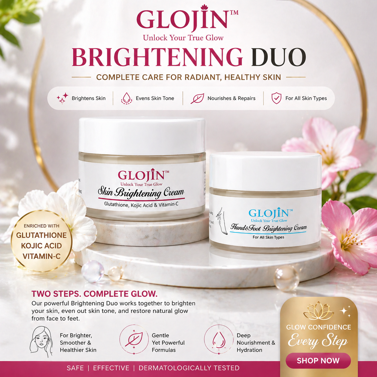 Glojin Brightening Duo: Glutathione Face Cream & Hand & Foot Repair